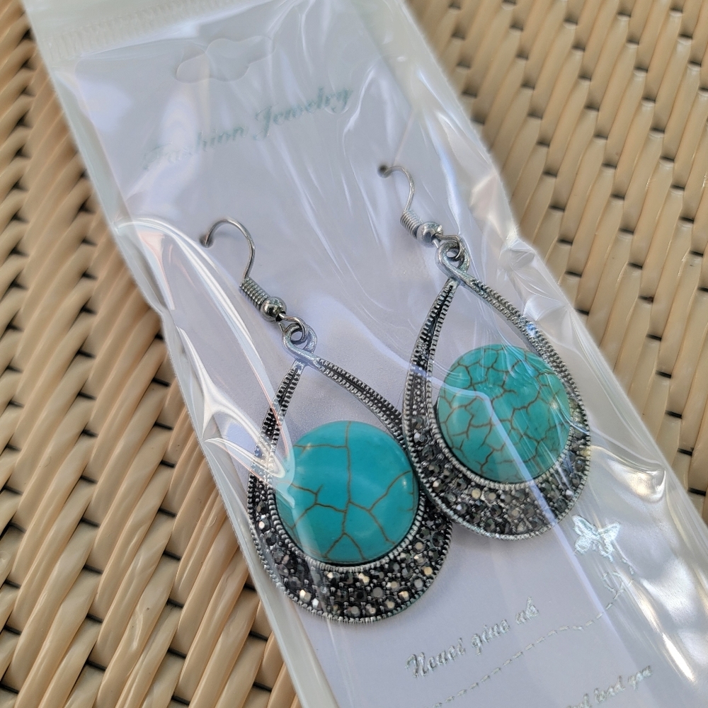 Faux Turquoise and Silver Teardrop Earrings